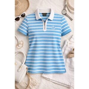 Y2K Lauren Active Zip Polo Shirt L Blue White Striped Preppy Tenniscore